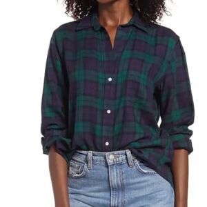 Grayson The Hero Plaid Button Down Shirt Lyocell Navy Green Relaxed Large